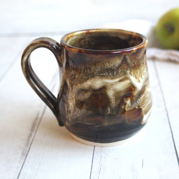 Image of Handmade Pottery Mug in Brown, Black and Melting Marshmallow Glazes, 16 Ounce Coffee Cup Made in USA