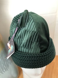 Image 2 of H.O.D. Knitted Brim Hat Hunter Green Pinched Velour Crown W/Heavy Green Cable Knitted Brim