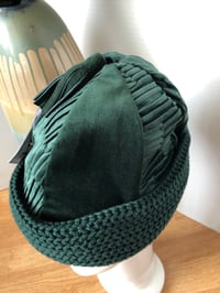 Image 3 of H.O.D. Knitted Brim Hat Hunter Green Pinched Velour Crown W/Heavy Green Cable Knitted Brim