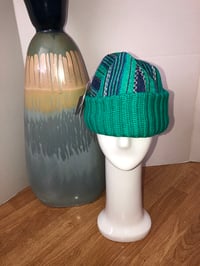 Image 1 of H.O.D. Knitted Brim Hat Turquoise & Blue Striped Velvet Crown W/Matching Cable Brim