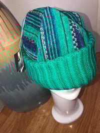 Image 2 of H.O.D. Knitted Brim Hat Turquoise & Blue Striped Velvet Crown W/Matching Cable Brim