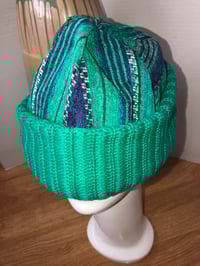 Image 3 of H.O.D. Knitted Brim Hat Turquoise & Blue Striped Velvet Crown W/Matching Cable Brim