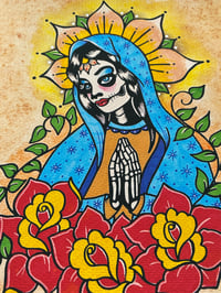 Image 2 of Day of the Dead Praying Virgin Mary with Flowers Tattoo Art Print