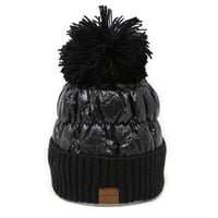 Image 1 of Foil Metallic Winter Puffer Pom Pom Beanie for Women