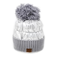 Image 2 of Foil Metallic Winter Puffer Pom Pom Beanie for Women