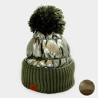 Image 3 of Foil Metallic Winter Puffer Pom Pom Beanie for Women