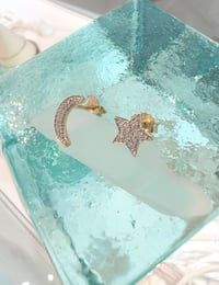 Image 2 of 14k solid gold diamond half moon & diamond star stud earrings 