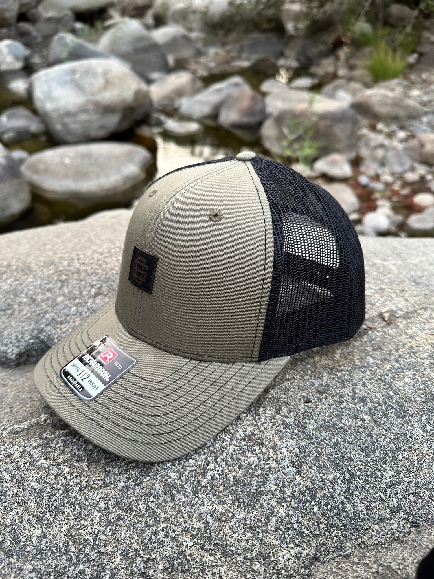 Olive Green Snapback Trucker Hat with Black Patch 