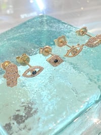 Image 2 of 14k solid gold diamond stud earrings(hamsa, evil eye, lips)