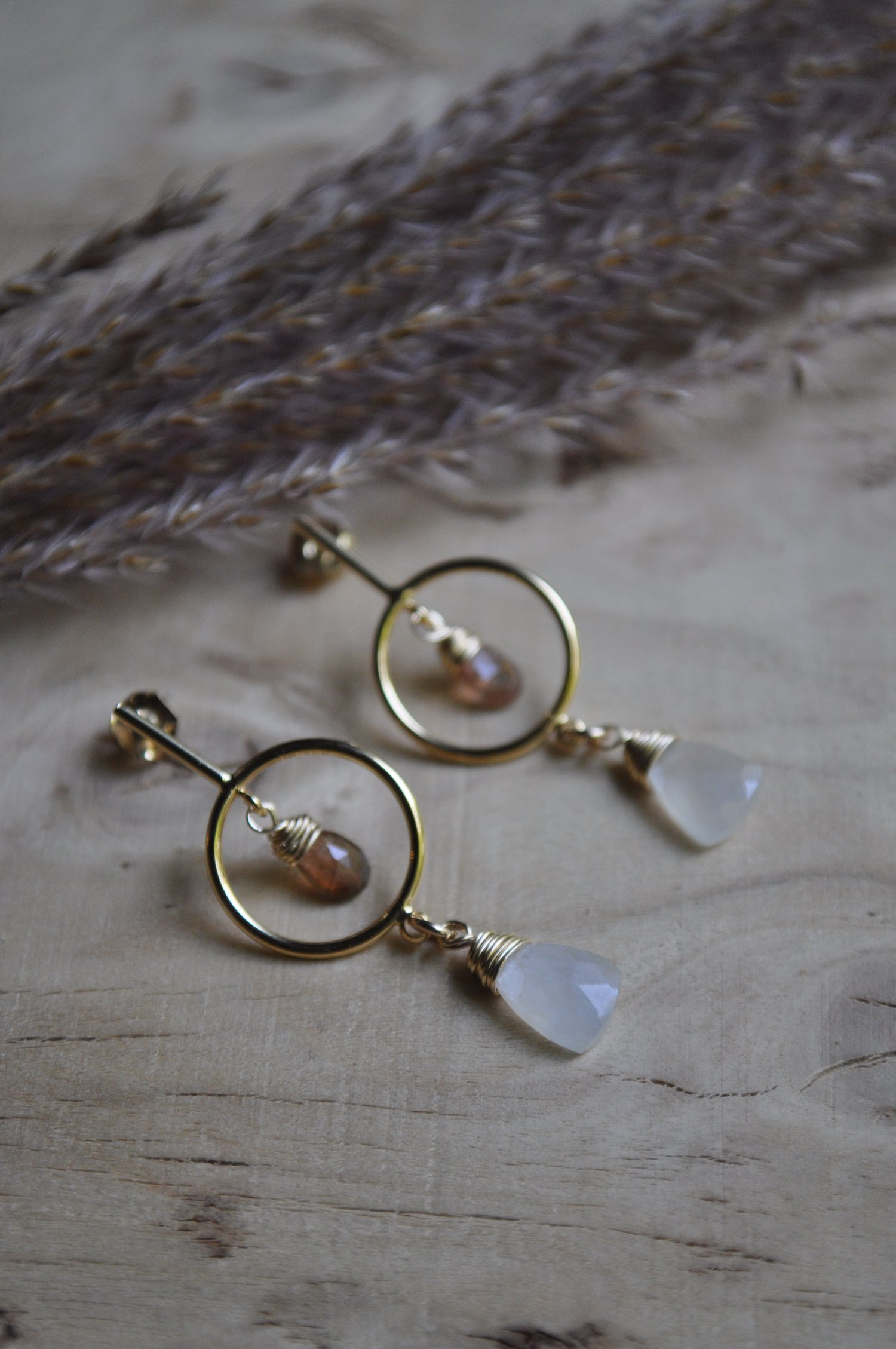 Image of Andalusite and White Moonstone Small Hoop Stud Dangles