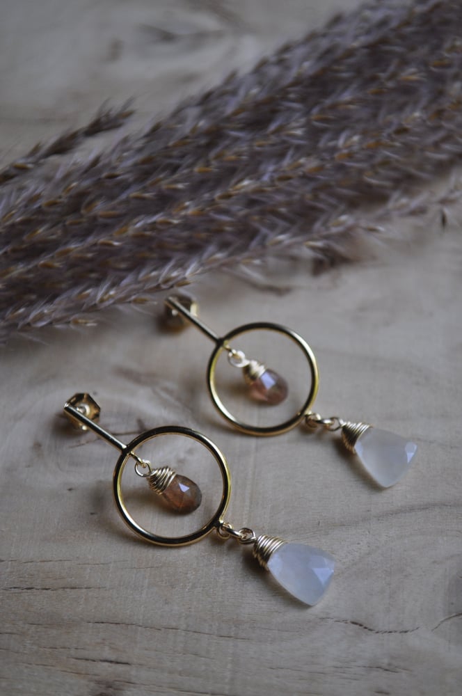 Image of Andalusite and White Moonstone Small Hoop Stud Dangles