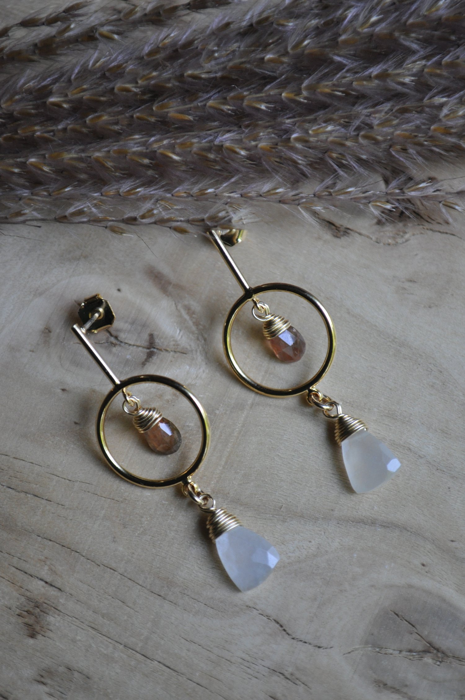 Image of Andalusite and White Moonstone Small Hoop Stud Dangles