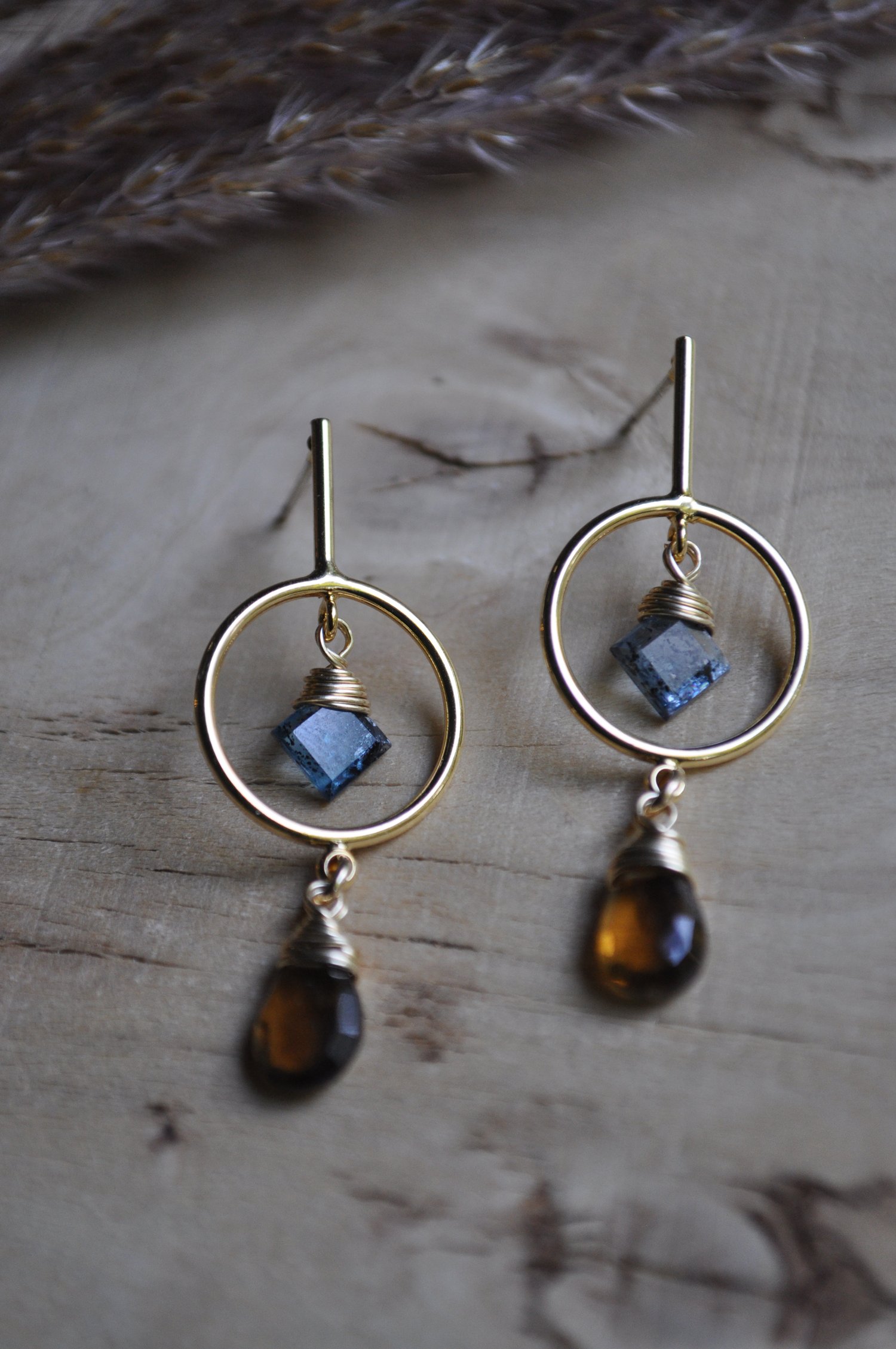 Image of Teal Kyanite and Smoky Quartz Hoop Stud Dangles