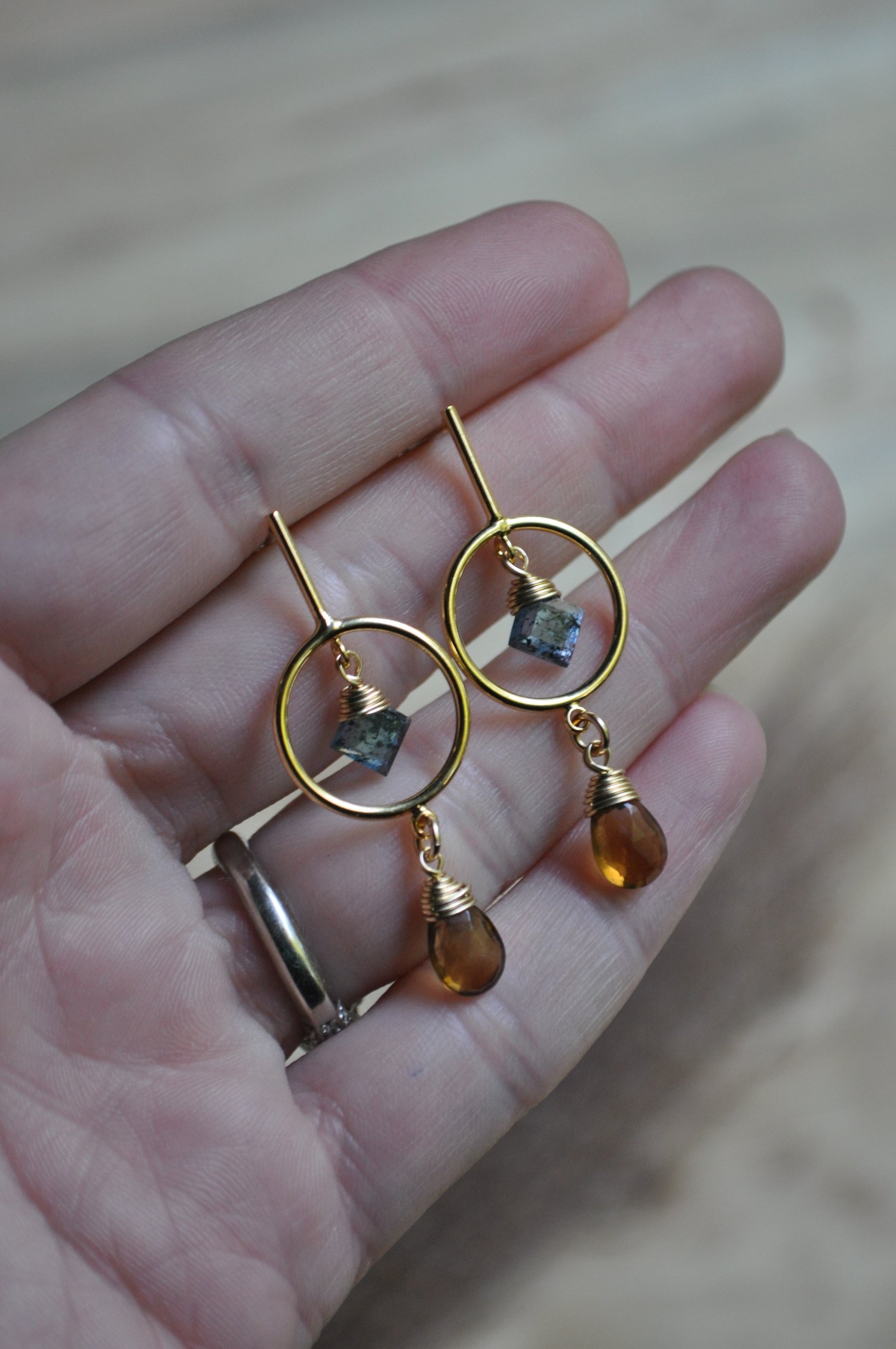 Image of Teal Kyanite and Smoky Quartz Hoop Stud Dangles