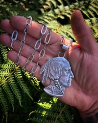 Image 4 of WL&A Handmade Link Chain + Large Indian Head Necklace - Size 3" Pendant - 32" Length - 101 Grams