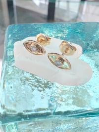 Image 2 of 14k solid gold diamond simple evil eye stud earrings 