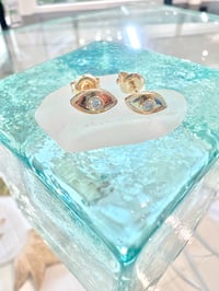 Image 3 of 14k solid gold diamond simple evil eye stud earrings 