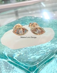 Image 1 of 14k solid gold diamond simple evil eye stud earrings 