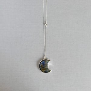 Image of Big Crescent Moon x Labradorite Moonstone cabochon cut silver necklace