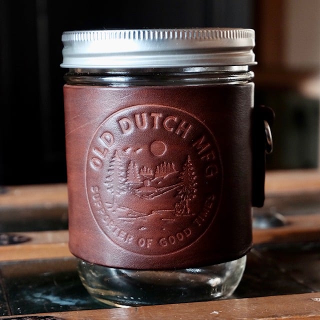 Image of Mason jar + leather sleeve