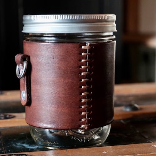 Image of Mason jar + leather sleeve