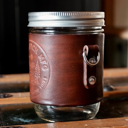 Image of Mason jar + leather sleeve