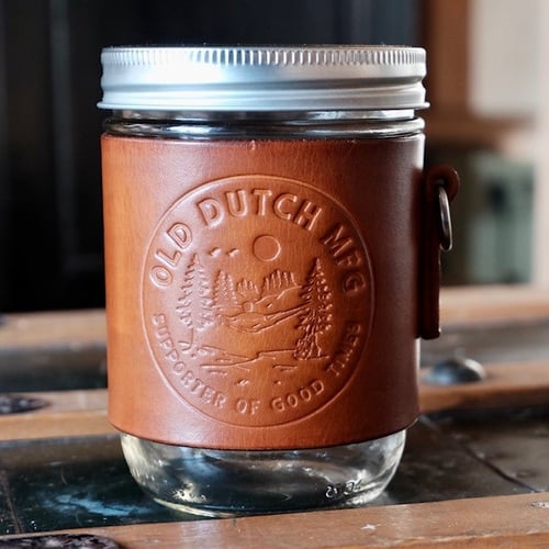 Image of Mason jar + leather sleeve