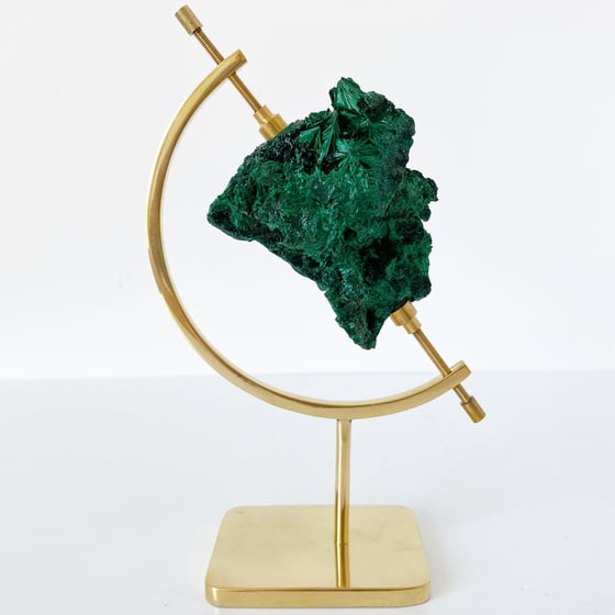 Image of Fibrous Malachite no.45 + Brass Arc Stand