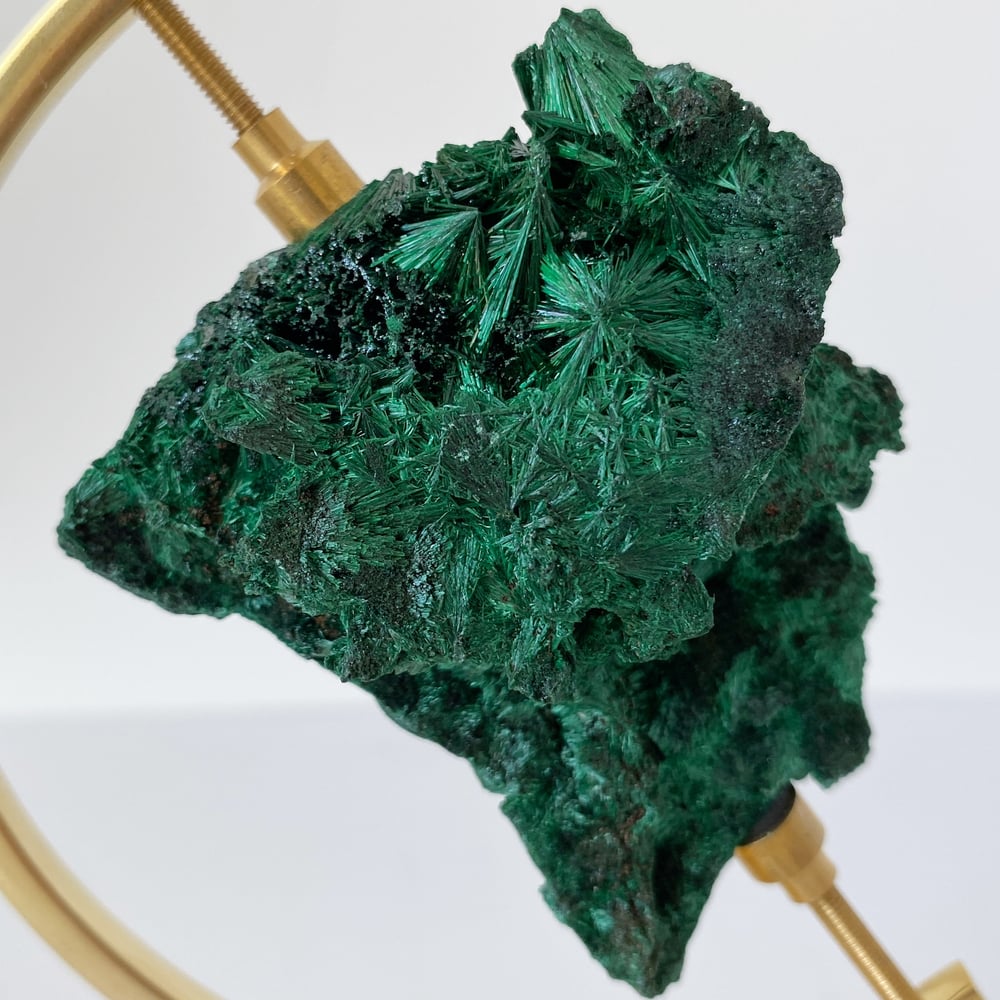 Image of Fibrous Malachite no.45 + Brass Arc Stand