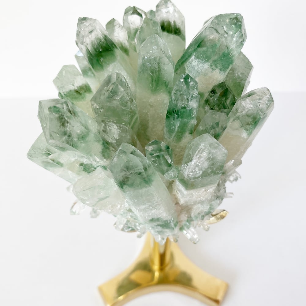 Image of Green Phantom Quartz Crystal Cluster no.75 + Brass Post Stand