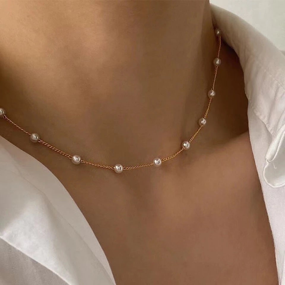 Image of PRE-ORDER: Gold Plated Pearl Necklace Choker Chain Beads Jewellery