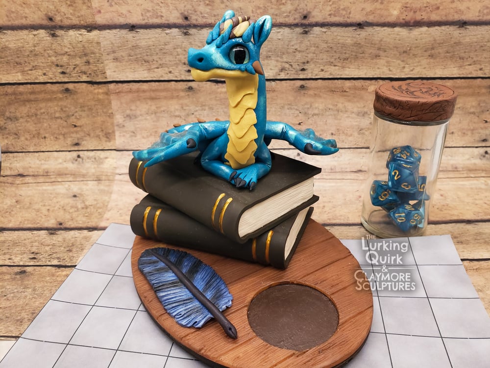 Large Blue and Gold Dragon Dice Holder - Polymer Clay Sculpture