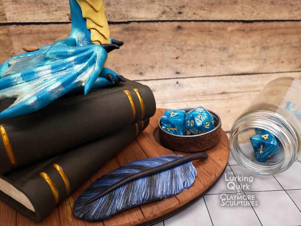 Large Blue and Gold Dragon Dice Holder - Polymer Clay Sculpture