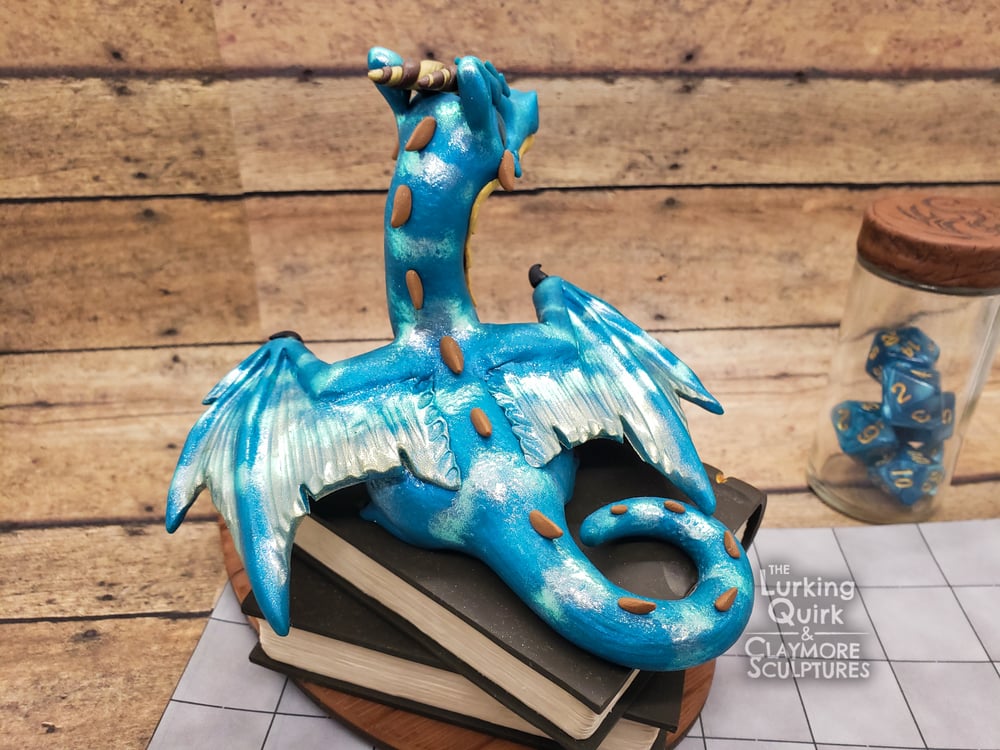 Large Blue and Gold Dragon Dice Holder - Polymer Clay Sculpture