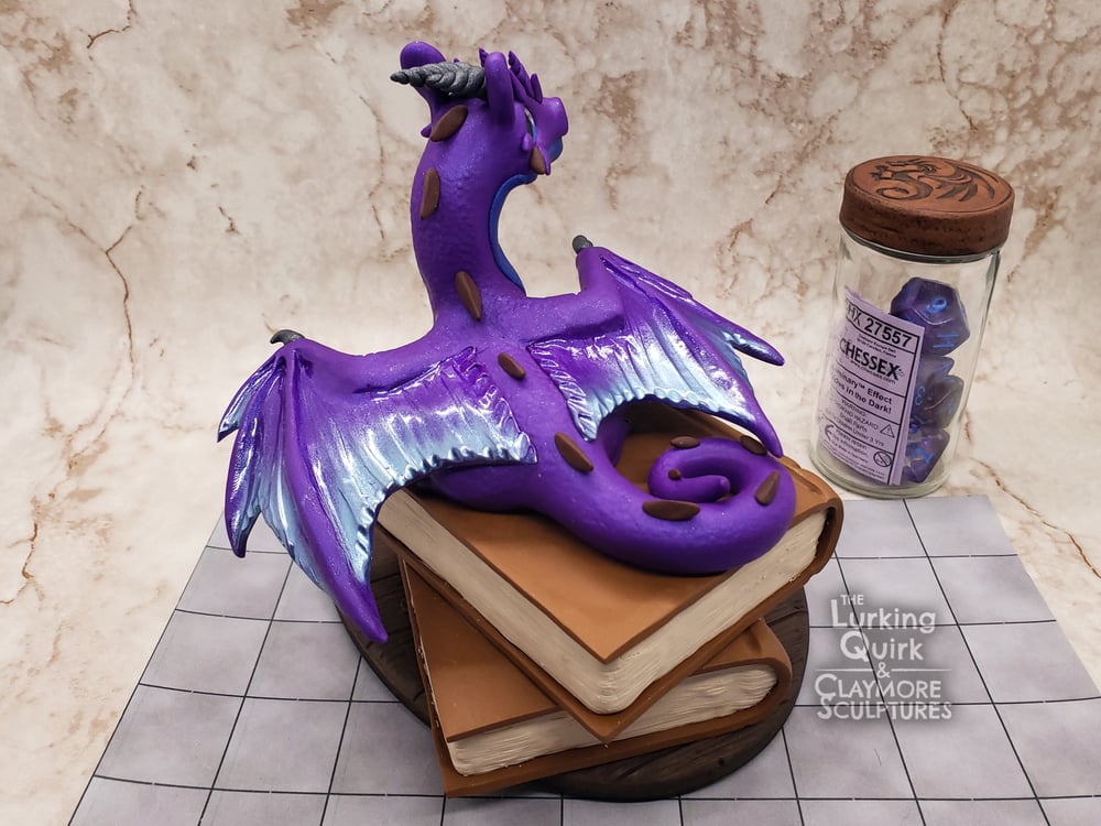 Large Purple and Blue Dragon with Full Dice Set - Polymer Clay Sculpture