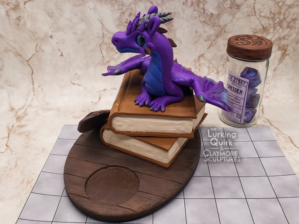 Large Purple and Blue Dragon with Full Dice Set - Polymer Clay Sculpture