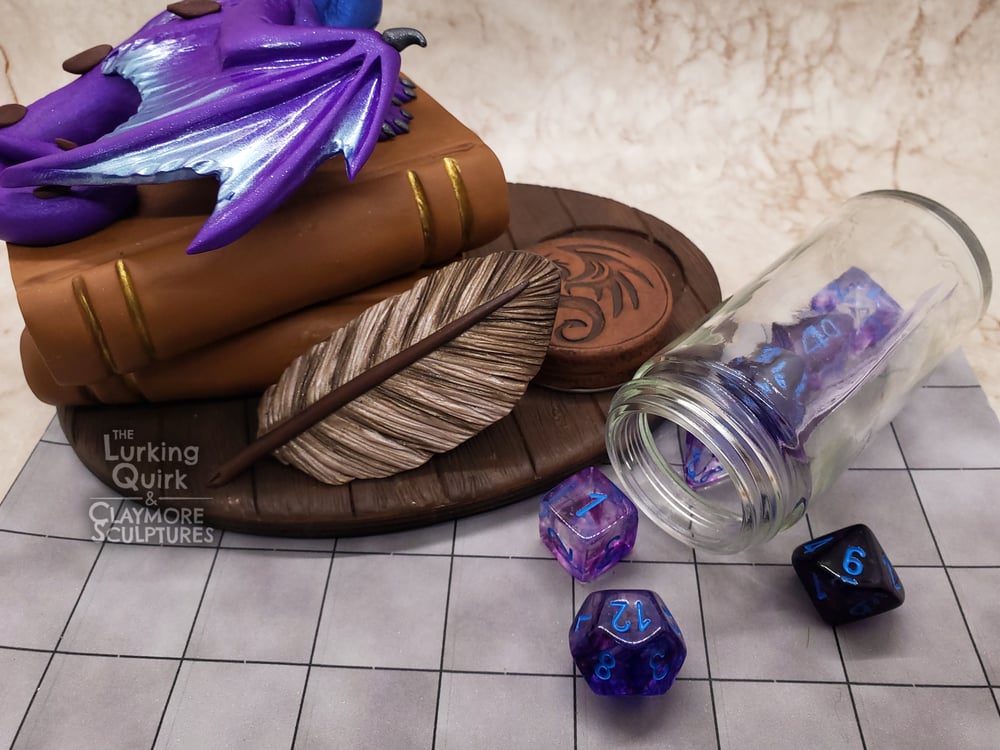 Large Purple and Blue Dragon with Full Dice Set - Polymer Clay Sculpture