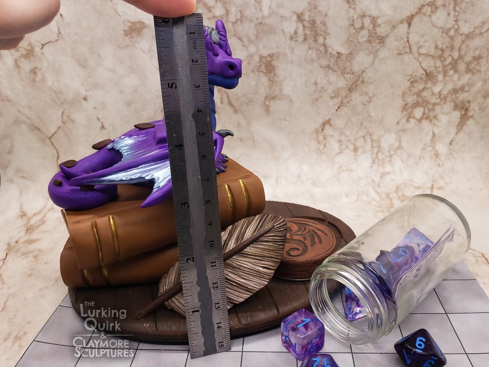 Large Purple and Blue Dragon with Full Dice Set - Polymer Clay Sculpture
