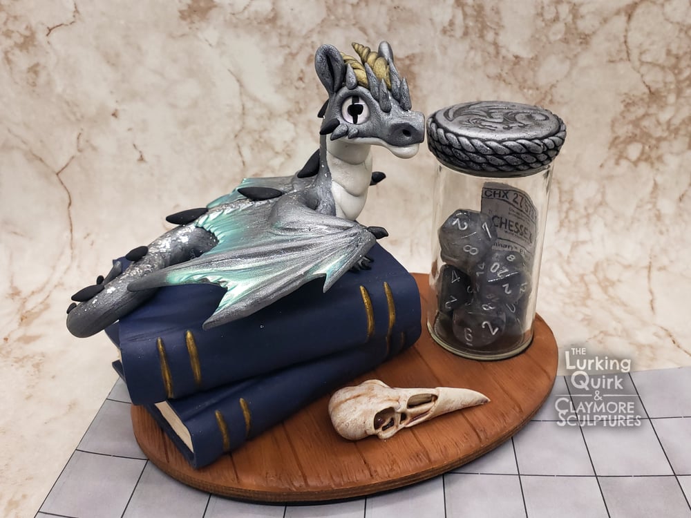 Large Silver Dragon with Full Dice Set - Polymer Clay Sculpture