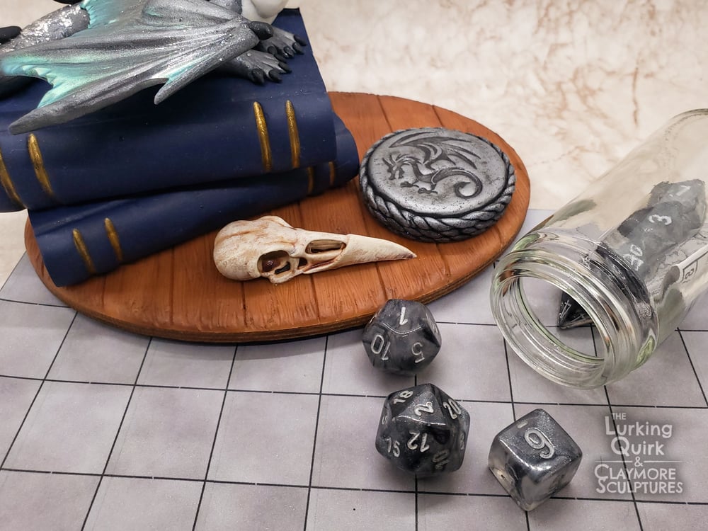 Large Silver Dragon with Full Dice Set - Polymer Clay Sculpture