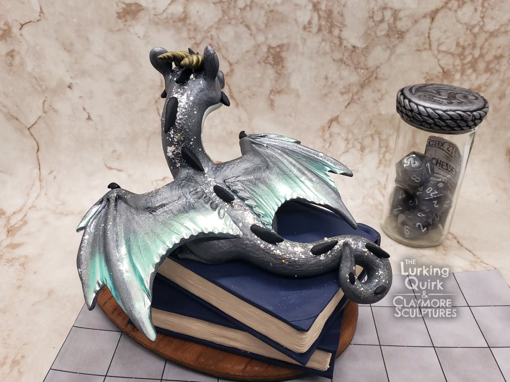 Large Silver Dragon with Full Dice Set - Polymer Clay Sculpture