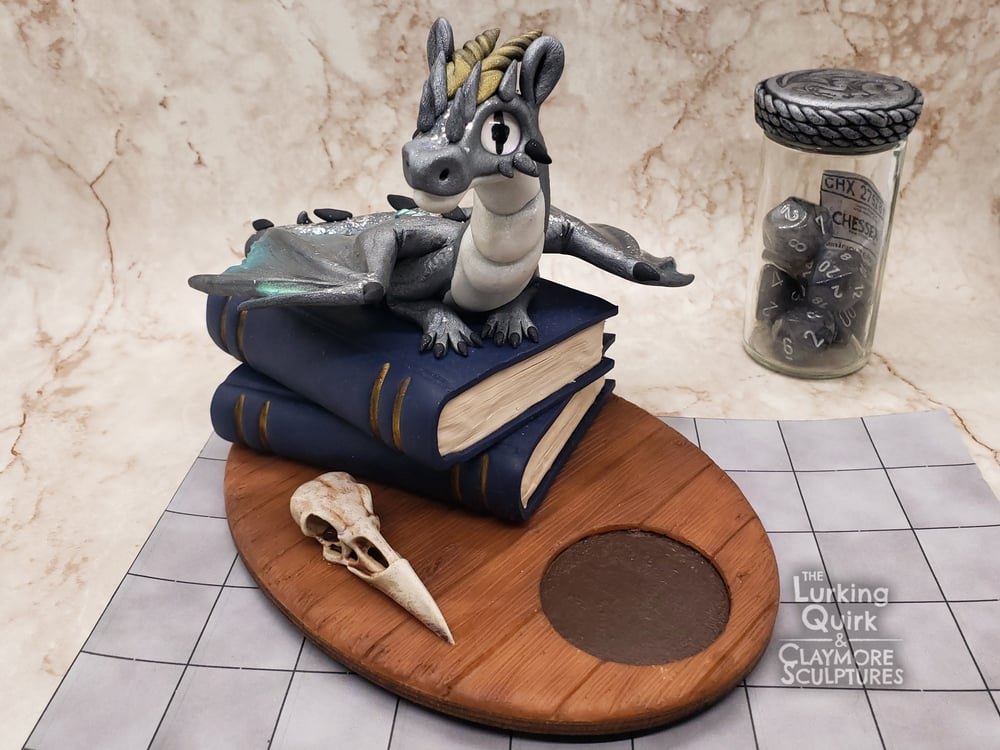 Large Silver Dragon with Full Dice Set - Polymer Clay Sculpture