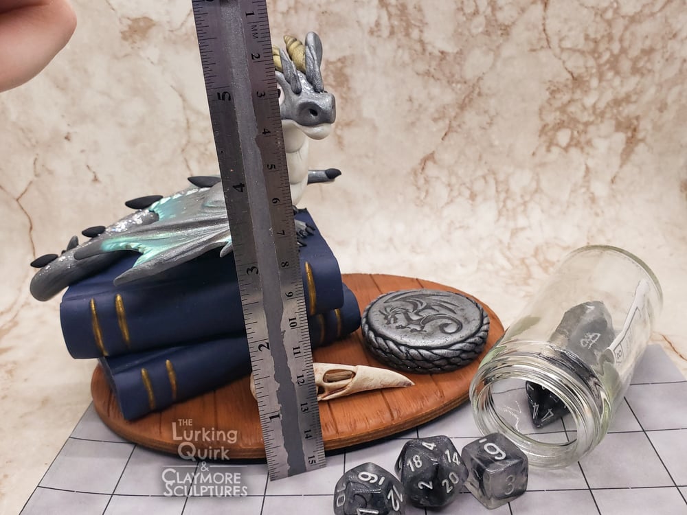 Large Silver Dragon with Full Dice Set - Polymer Clay Sculpture