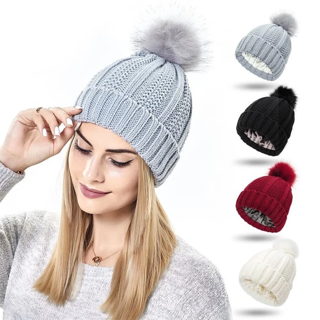 Winter Bobble Hat Satin Lined