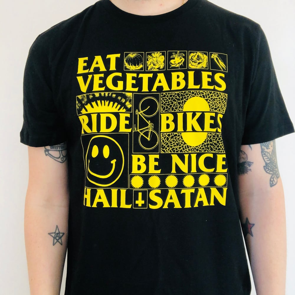 Image of EAT VEGETABLES RIDE BIKES BE NICE HAIL SATAN black T-shirt