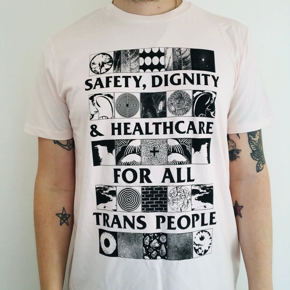 Image of SAFETY, DIGNITY & HEALTHCARE FOR ALL TRANS PEOPLE pink T-Shirt