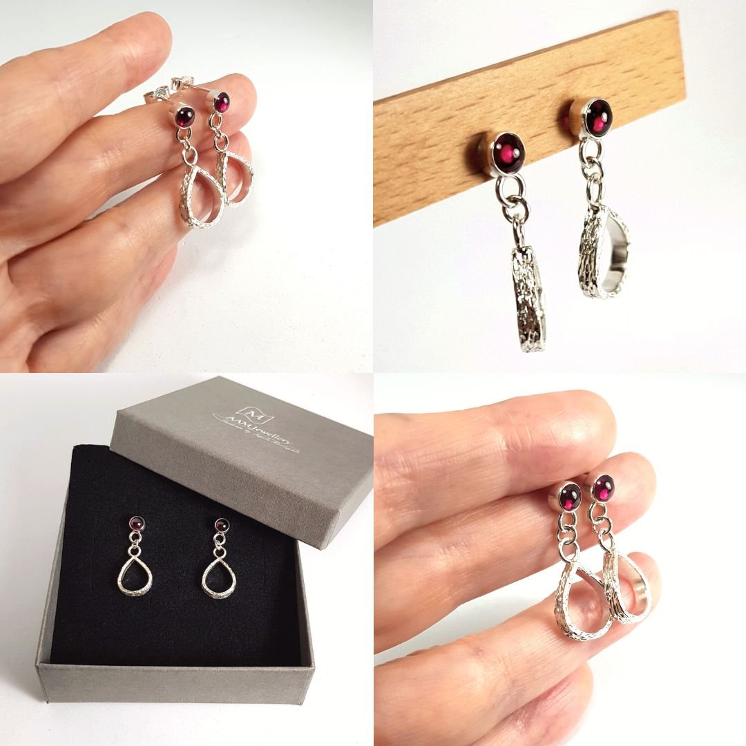 Image of Sterling Silver Garnet Earrings, Solid Silver Drop Earrings with 5mm Garnets, Handmade Jewellery UK