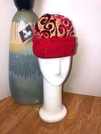 Image 1 of H.O.D. Cherry Red Ikat Velvet Moroccan Crown W/ Stripe Cable Knit Brim