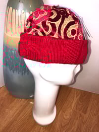 Image 2 of H.O.D. Cherry Red Ikat Velvet Moroccan Crown W/ Stripe Cable Knit Brim