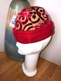Image 4 of H.O.D. Cherry Red Ikat Velvet Moroccan Crown W/ Stripe Cable Knit Brim